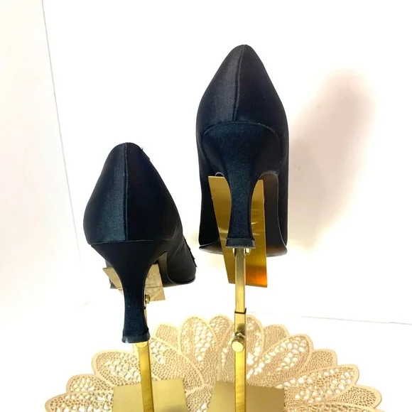 Vintage Impo Black Satin Pointed Toe Beaded Floral Lace Evening Pumps kitt Heels - Picture 5 of 9